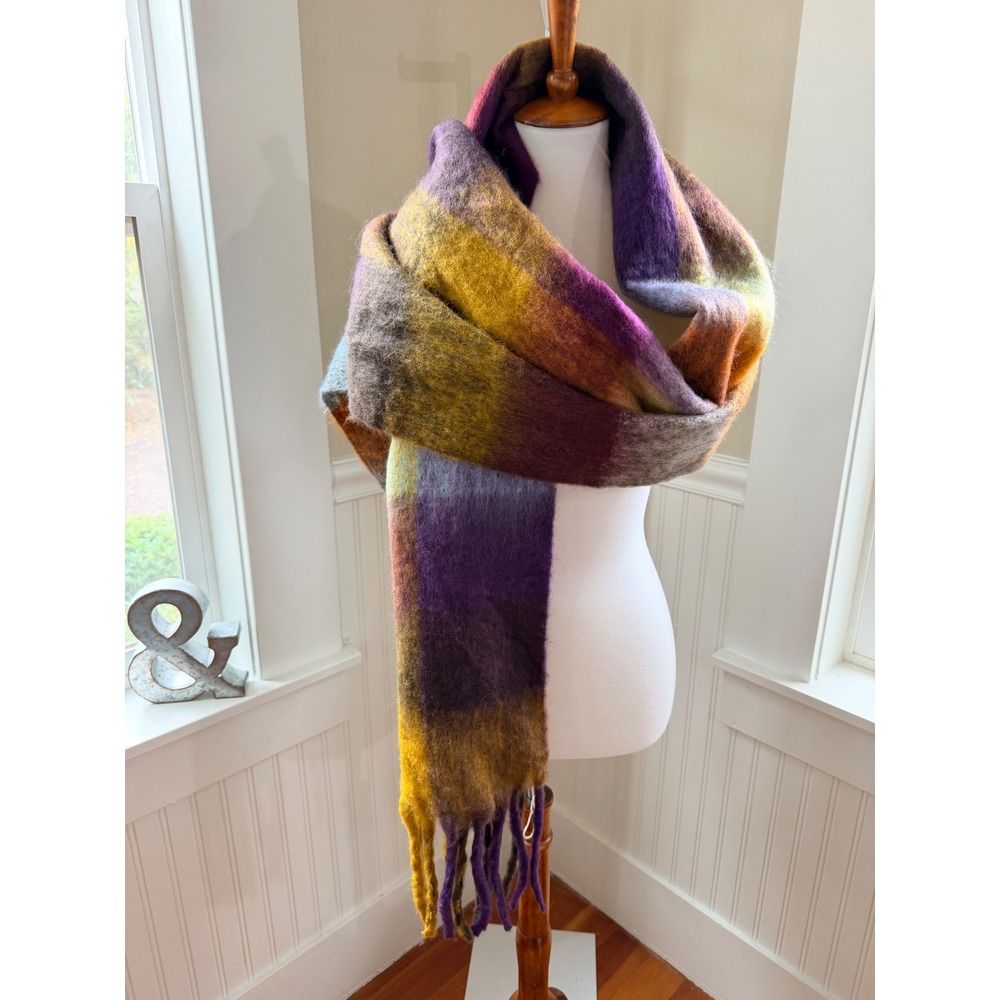 NWT Natural Life Oversized Brushed Plaid Blanket Scarf Purple Mustard Orange OS
